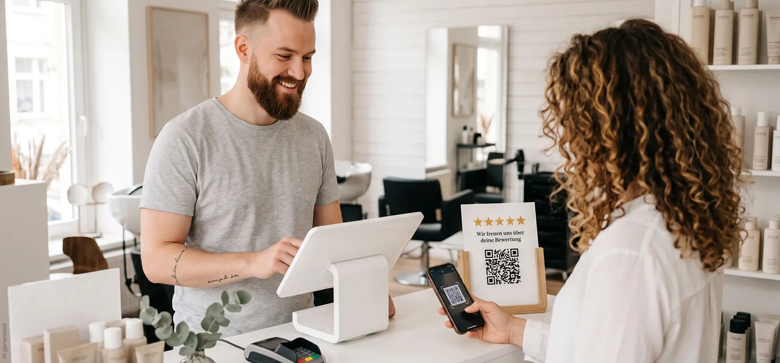 Eine Kundin scannt an der Theke den QR-Code auf einem Aufsteller, der um eine Bewertung bittet (KI-generiertes Bild)